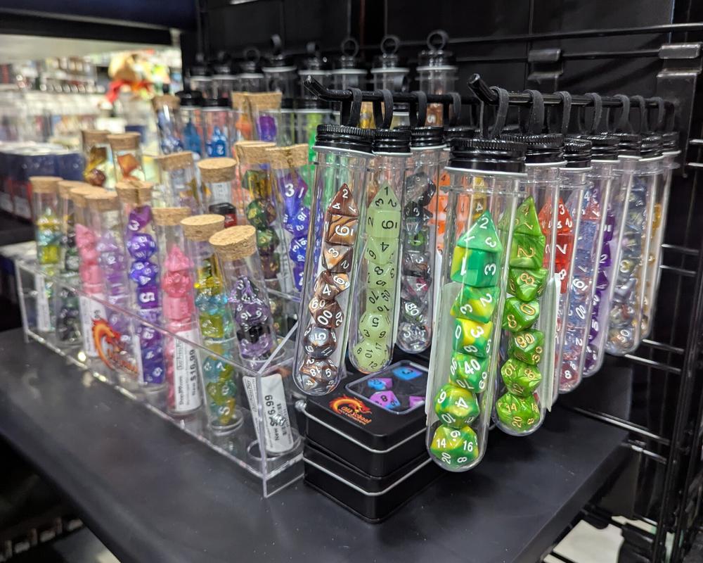 Polyhedral dice, board games, and playing mats.