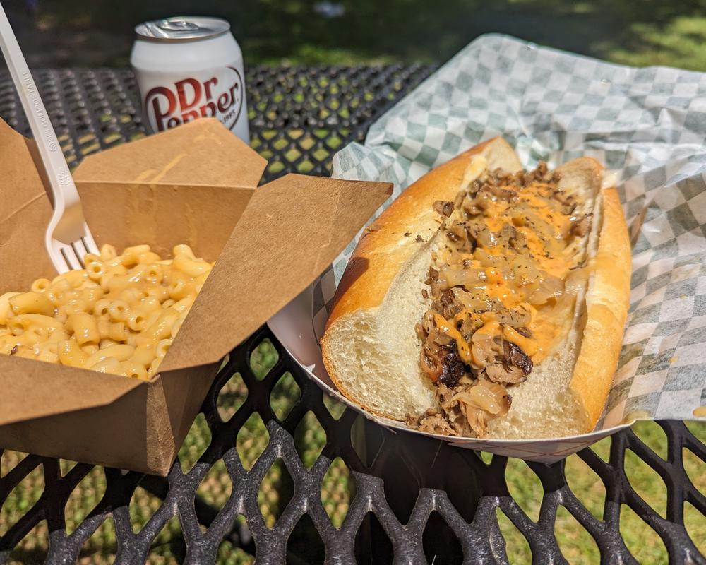 Mushroom Cheezsteak and some Mac and Cheez from Cheezy Vegan.