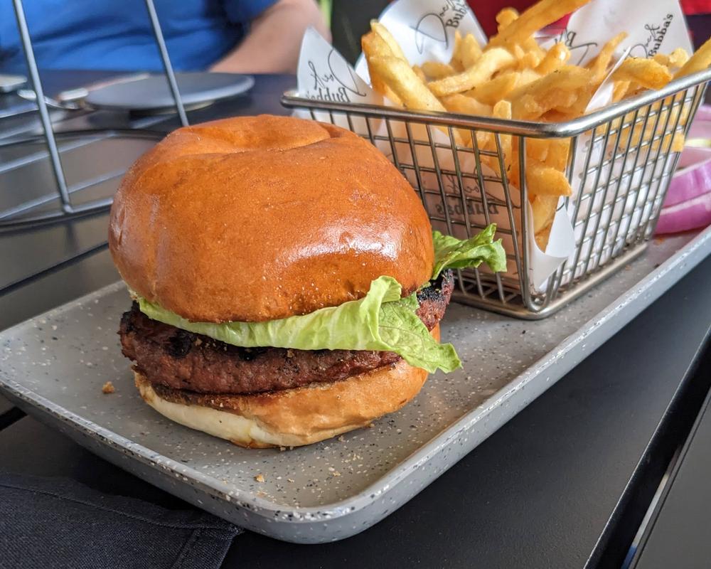 Several burger options, including the plant-based Impossible Burger.
