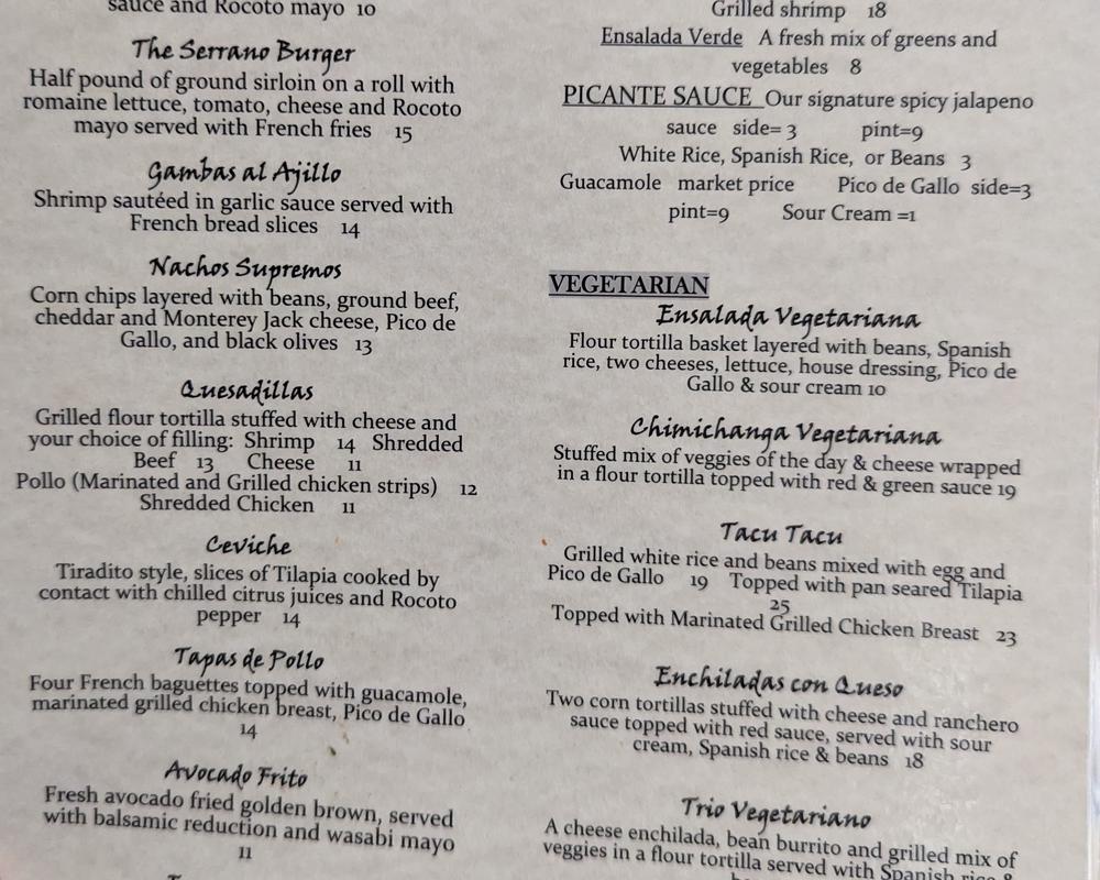 The menu features a dedicated vegetarian section.