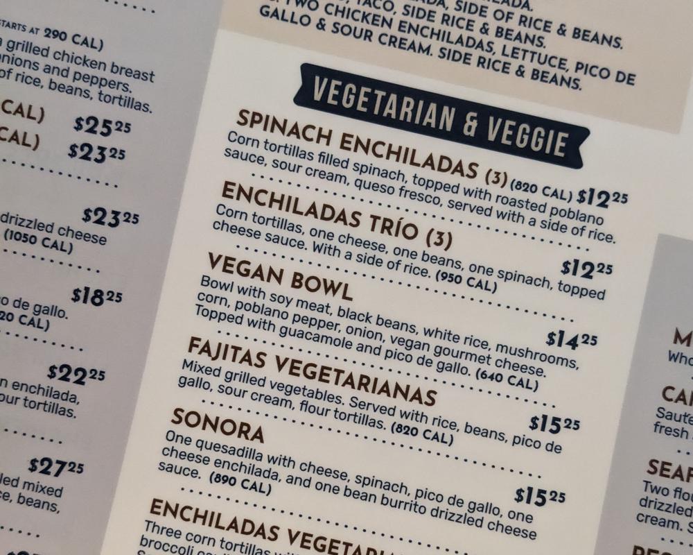 The vegetarian/vegan section of menu.