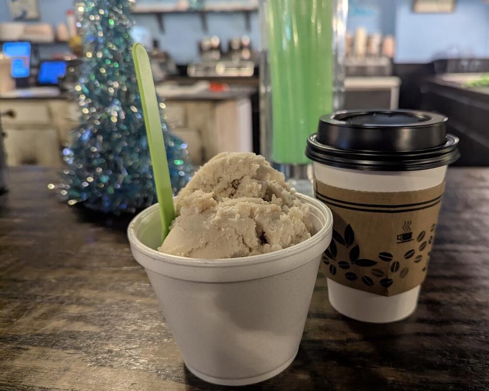 Some coffee and a medium bowl of vegan peanut butter weave.