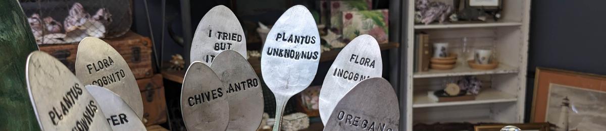 Quirky plant markers from Finial and Fern in nearby Leola, PA.